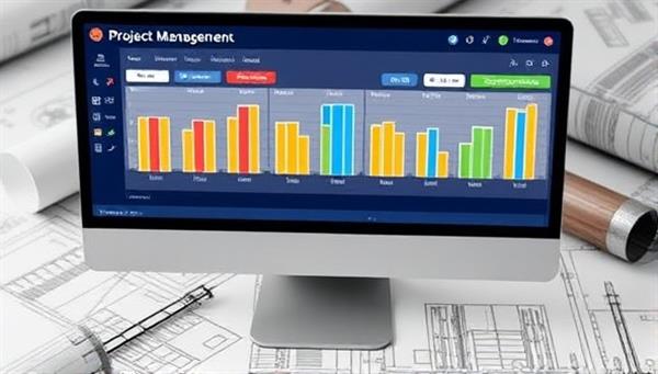 An interactive project management software interface displaying construction project timelines, budget tracking tools, communication channels, and progress reports, with construction blueprints in the background, symbolizing efficiency and organization in managing construction projects using digital technology.