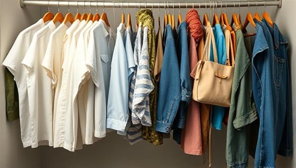 A digital closet filled with a diverse range of sustainable fashion items, including organic cotton shirts, recycled accessories, and upcycled denim, symbolizing style, sustainability, and conscious consumer choices in the online marketplace.