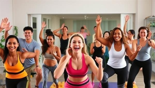 An energetic virtual fitness challenge setting with diverse participants engaging in a group workout session, sharing progress updates, and cheering each other on, creating a dynamic and supportive virtual fitness community atmosphere.