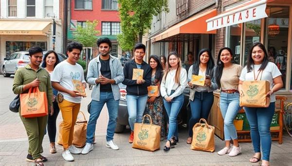 An outdoor scene featuring a group of diverse local influencers posing with products from different businesses in a vibrant neighborhood setting, showcasing community engagement and brand partnerships.