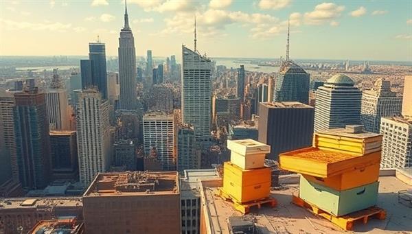 An artistic depiction of a bustling city skyline with strategically placed beehives on various rooftops, showcasing the harmonious coexistence of bees and urban life, emphasizing sustainability and local honey production.