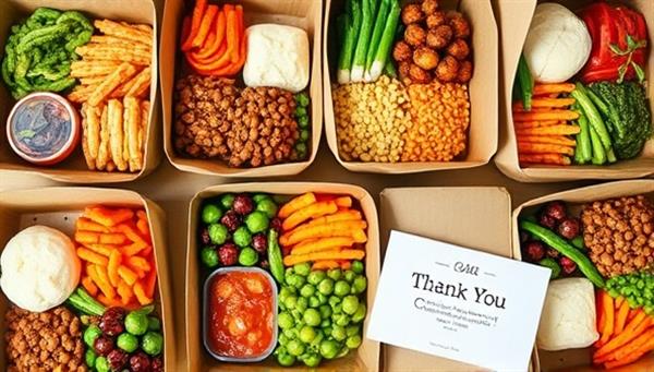 An array of colorful, freshly prepared meals neatly packed in eco-friendly containers, accompanied by a branded recipe card and a personalized thank-you note, exuding freshness, convenience, and culinary delight.