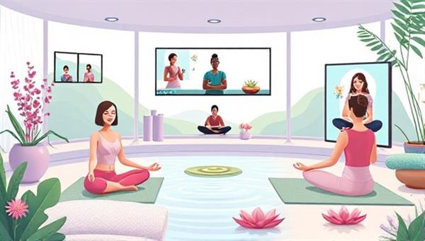 A serene digital illustration depicting a virtual wellness retreat setting with participants engaging in yoga poses, meditation exercises, and spa treatments through video conferencing, surrounded by relaxing nature elements like flowers and water, creating a tranquil and rejuvenating online experience.
