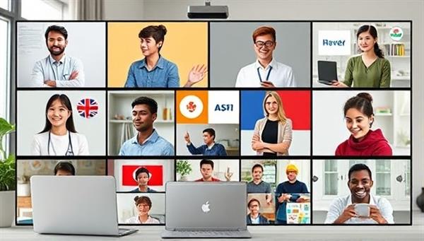 A digital language learning environment with virtual language tutors engaging with students through video calls, interactive language exercises, and cultural immersion experiences, showcasing the dynamic and effective nature of virtual language coaching.