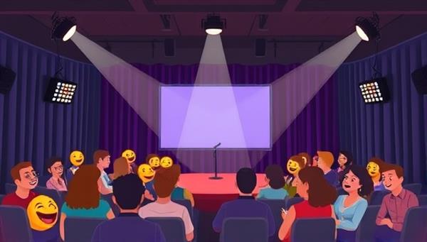 An animated virtual comedy club setting with a stage, spotlight, and audience avatars reacting with laughter and emojis, creating a vibrant and interactive online comedy atmosphere.