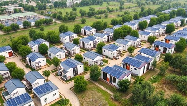 An aerial view of a sustainable modular home community surrounded by greenery and solar panels, illustrating the harmonious blend of eco-friendly construction and modern design.