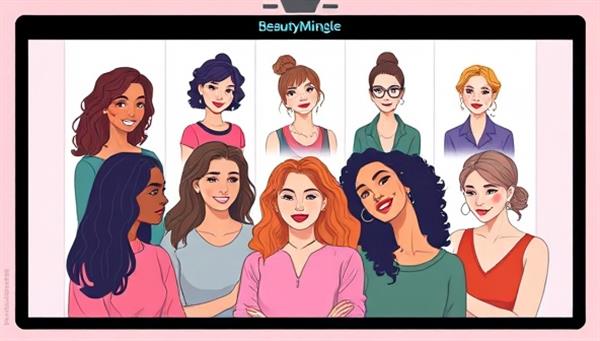 A digital illustration depicting a diverse group of beauty educators and students participating in a virtual masterclass through the BeautyMingle platform, showcasing a dynamic and inclusive learning environment in the online beauty industry.
