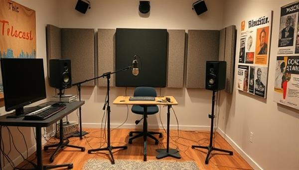 A creative studio setup with podcasting equipment, soundproofing panels, and thematic decorations representing different niche interests, reflecting the tailored and specialized approach of PodCraft Studios.