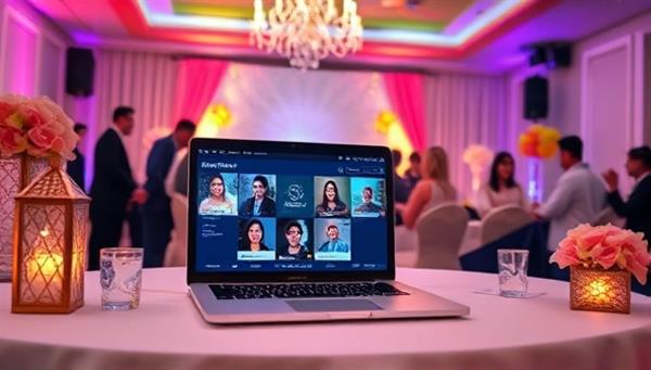 An elegant virtual event setup with a sleek laptop displaying a virtual event platform, surrounded by vibrant virtual decorations and engaging virtual attendees, capturing the essence of a successful online gathering.