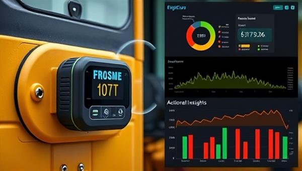 An IoT sensor attached to a construction vehicle transmitting real-time performance data to a maintenance platform, with predictive maintenance alerts and actionable insights displayed on a digital dashboard, illustrating the efficiency and innovation of EquipCare Pro