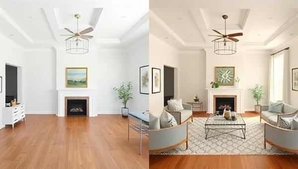 A split-screen image showing a room with and without virtual staging, highlighting the transformation from a plain space to a beautifully decorated room with virtual furniture and decor accents, demonstrating the visual impact of digital property staging.