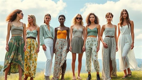 An artistic depiction of a sustainable fashion collection featuring eco-friendly fabrics, recycled materials, and nature-inspired designs, with models showcasing the clothing in a serene outdoor setting, symbolizing the harmony between fashion and sustainability embodied by EcoChic Threads.
