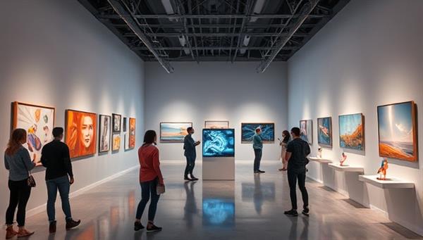 An immersive virtual art gallery setting displaying a diverse collection of digital artworks, interactive installations, and virtual sculptures, with avatars exploring the gallery space, engaging with art pieces, and attending a virtual artist talk, creating a dynamic and visually captivating art experience in a digital realm.