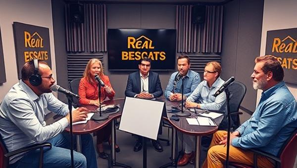 An artistic depiction of a diverse group of podcast hosts and guests recording episodes in a professional studio setup, with microphones, soundproofing panels, and recording equipment, capturing the essence of informative and engaging real estate discussions in a dynamic podcasting environment.