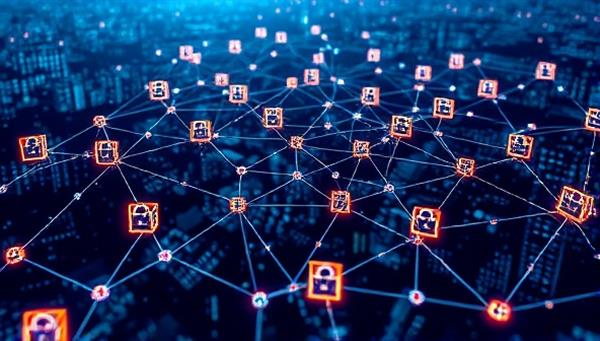 An intricate blockchain network visualized in a digital landscape, with data blocks representing verified ad placements and secure transactions, symbolizing the transparency and trustworthiness of the blockchain ad verification platform.