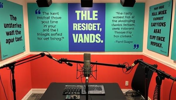 A vibrant podcast studio setup with microphones, soundproof panels, and recording equipment, surrounded by inspirational quotes and financial symbols, creating a professional and creative space for producing empowering financial content.