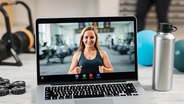 An image of a laptop displaying a virtual fitness coaching session with a professional coach guiding a client through an online workout, surrounded by fitness equipment and a water bottle, illustrating the convenience and personalized support provided by FitFlex Coaching to busy professionals.