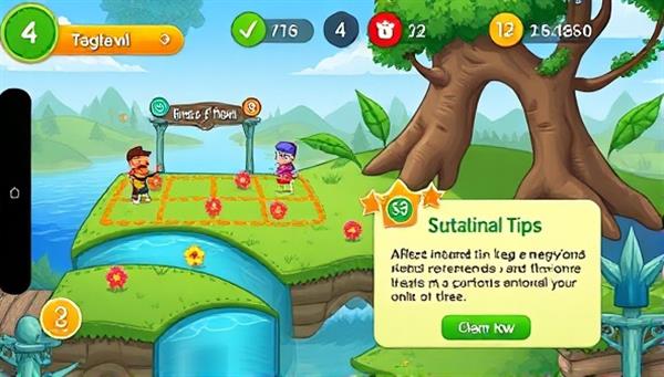 An engaging mobile game screenshot featuring colorful eco-friendly characters, interactive environmental challenges, and educational pop-ups on sustainability tips, encouraging players to make eco-conscious choices and learn about environmental preservation while having fun in a vibrant and immersive game world.
