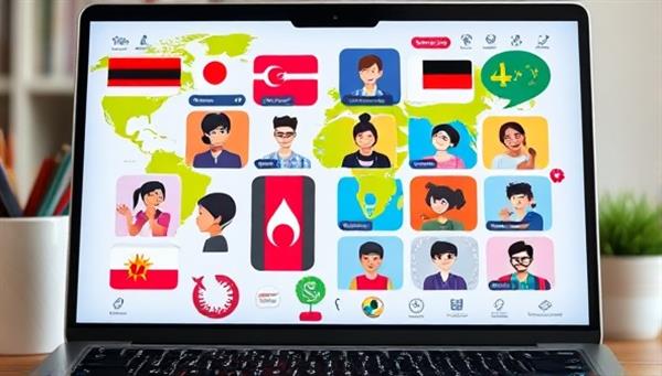An international language exchange setting depicted on a laptop screen, showcasing users engaging in virtual conversations in different languages, cultural symbols, and language learning resources in a dynamic and inclusive online environment that fosters linguistic diversity and intercultural connections.