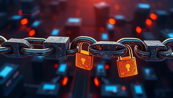 An artistic representation of interconnected blocks forming a secure chain, symbolizing the trust and transparency achieved through blockchain technology in digital advertising, with digital ad banners and security locks integrated into the chain.