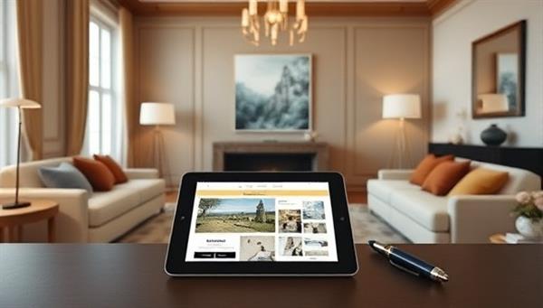 An elegant and inviting living room setup with virtual design overlays showcasing potential decor changes, accompanied by a tablet displaying mood board inspirations and a stylish pen for note-taking, illustrating the virtual consultation process in action.