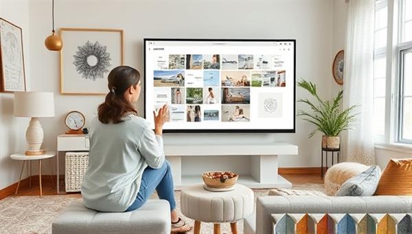 An artistic representation of a virtual interior design consultation session, with a designer presenting mood boards and layout suggestions on a digital screen, surrounded by elements of home decor and fabric swatches, creating a visually appealing and inspirational atmosphere.