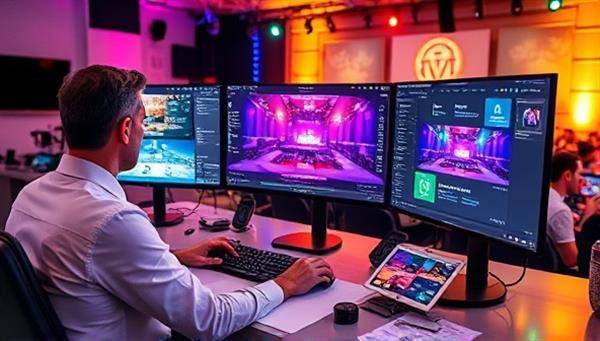A virtual event planner sitting at a desk with multiple screens displaying colorful event layouts, virtual stage setups, and engagement tools, with a vibrant and dynamic atmosphere.