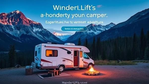 A breathtaking image of an RV parked in a secluded natural setting, surrounded by mountains and forests, with a cozy outdoor setup and a campfire, inviting travelers to experience the serenity and adventure of remote camping through WanderLift