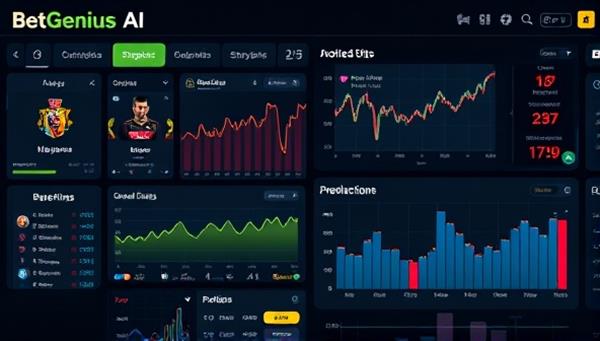 An advanced AI interface displaying real-time sports data and betting insights, with interactive graphs and predictive analytics, showcasing the cutting-edge technology and data-driven approach of the BetGenius AI platform.