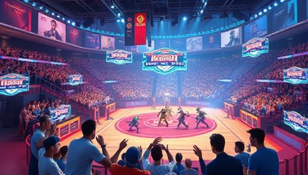 An epic digital arena filled with animated characters battling in a virtual world, surrounded by cheering spectators, vibrant colors, and flashing lights, capturing the excitement and intensity of online gaming tournaments on the platform.