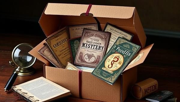 An enticing visual of a mystery subscription box filled with cryptic puzzles, mysterious artifacts, and hidden clues, accompanied by a magnifying glass and a notebook, invoking a sense of intrigue and adventure for puzzle enthusiasts and mystery solvers.