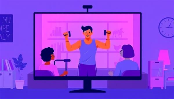 A dynamic digital illustration of a virtual fitness coach leading a workout session on a screen, with a diverse group of clients exercising from home, conveying motivation and inclusivity.