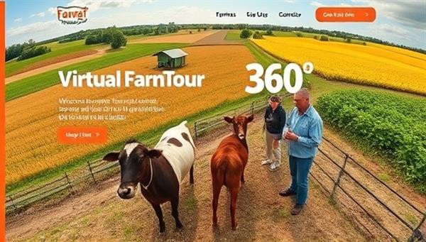 An interactive website interface featuring a 360-degree virtual farm tour with vibrant visuals of fields, animals, and farmers engaging with virtual visitors, creating an immersive and educational agri-tourism experience.