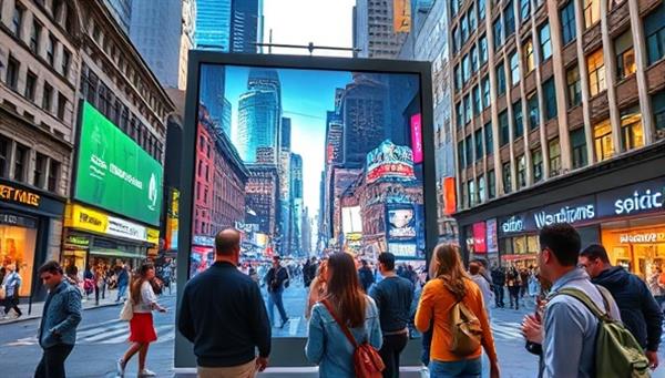 An AR-enhanced billboard in a bustling cityscape, where passersby are interacting with virtual elements overlaid on the real-world environment, sparking curiosity and engagement.