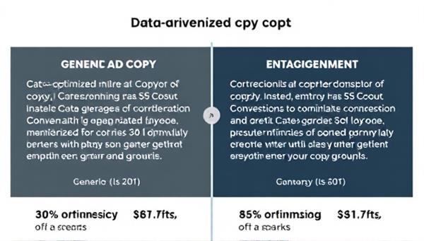 A split-screen showing a generic ad copy on one side and a data-optimized ad copy on the other, with conversion rate percentages and engagement metrics displayed, highlighting the effectiveness of data-driven ad copywriting.