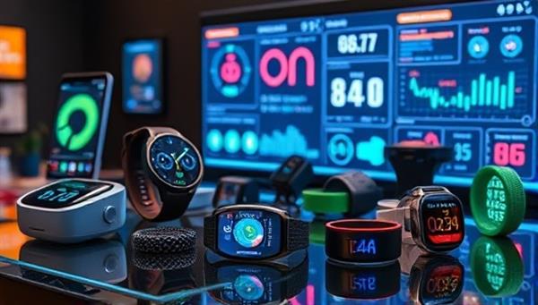 An array of sleek and modern health tech wearables including smartwatches, fitness trackers, and health monitoring devices, arranged on a display table with vibrant digital screens showcasing real-time health data and activity tracking, creating an immersive and futuristic tech experience for VitaTech Wearables subscribers.