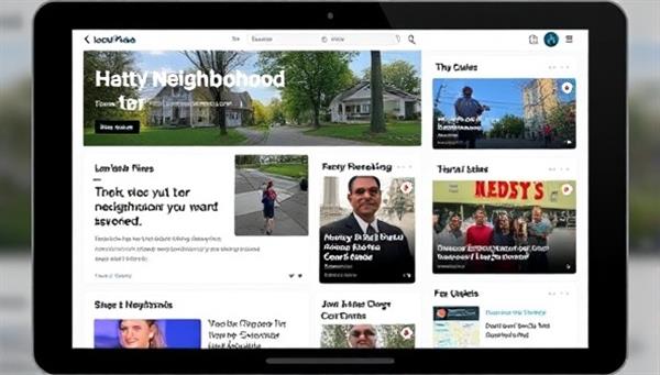 A digital platform interface showcasing a personalized newsfeed for a local neighborhood, with news articles, event listings, and community updates, reflecting the tailored and informative nature of Local Pulse.