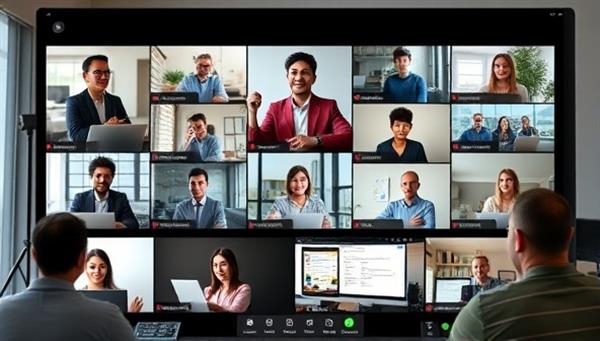 An engaging virtual training session with a diverse group of participants learning remote work skills through interactive exercises and real-world scenarios, showcasing the platform