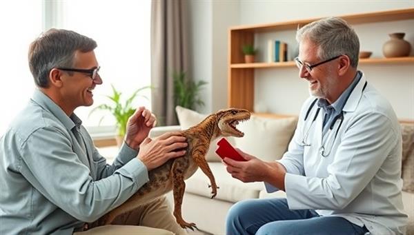 An exotic pet owner happily observing a veterinarian conducting a wellness check on their unique pet species in the comfort of their living room, showcasing the personalized and stress-free experience of exotic pet home visits.