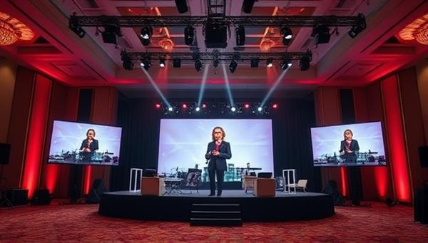 An elegant virtual event setup with a dynamic stage, professional lighting, and multiple screens displaying the event planner coordinating with clients and vendors, conveying sophistication and seamless event execution.