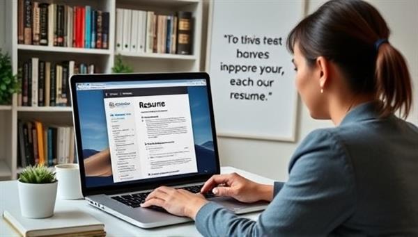 A virtual career coaching session with a professional guiding a client through resume building on a laptop screen, a bookshelf with career development resources in the background, and motivational quotes displayed, symbolizing career growth and transition support in a digital environment.