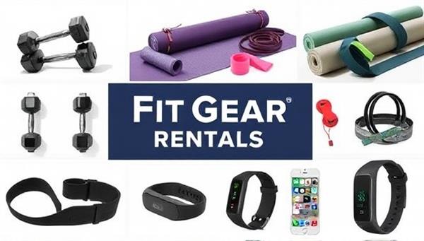A digital collage featuring a variety of fitness equipment items available for rent, including dumbbells, yoga mats, resistance bands, and wearable tech devices, displayed in a sleek and modern online rental catalog, conveying convenience, versatility, and accessibility in the FitGear Rentals service.