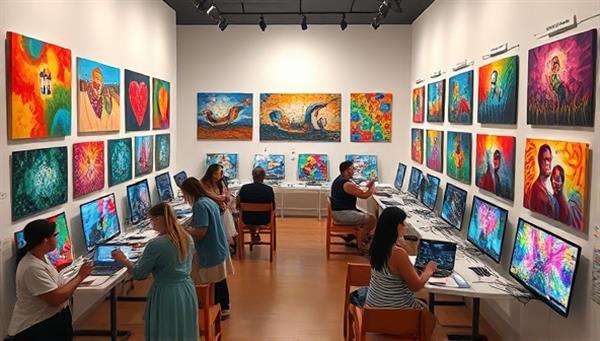A virtual gallery showcasing colorful artworks created during online art jamming sessions, with participants painting together on individual screens, capturing the essence of creativity and collaboration.