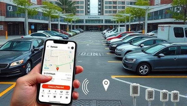 An urban parking lot equipped with smart sensors displaying real-time parking availability on a mobile app, drivers navigating to available parking spaces with ease, illustrating the convenience and efficiency of the smart parking management system.