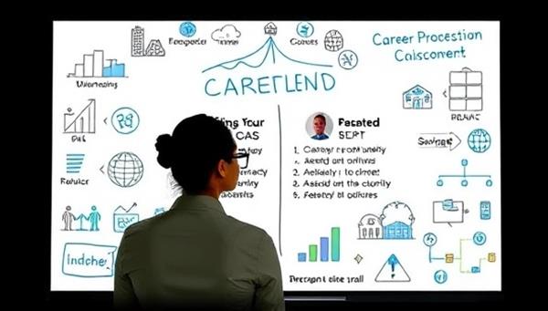 A virtual career coaching session in progress, with a career coach and a client discussing career goals and development strategies on a digital whiteboard, surrounded by icons representing various industries and job roles, symbolizing career growth and advancement.