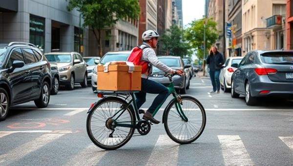 An urban streetscape showcasing a cargo bike loaded with parcels, maneuvering through traffic with ease, passing by pedestrians and parked cars, highlighting the efficient and eco-friendly nature of the delivery service.