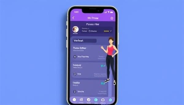 A smartphone displaying a fitness app with a personalized workout plan, accompanied by a virtual trainer avatar guiding a user through exercises, emphasizing convenience and personalization.