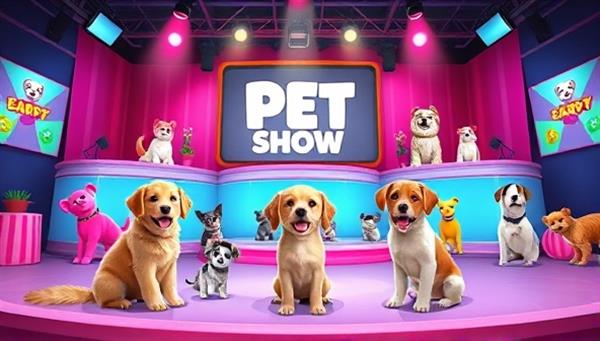 A vibrant virtual pet show environment with adorable pets showcased on a digital stage, interactive pet talent contests, and engaging activities for pet owners and animal lovers to participate in, creating a lively and heartwarming pet-centric atmosphere that celebrates the bond between pets and their owners.