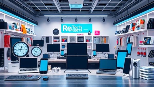 An imaginative digital layout featuring a diverse collection of refurbished electronic devices and gadgets displayed in a futuristic online marketplace, symbolizing the concept of sustainability and tech affordability within the ReTech Gadgets Hub ecosystem.