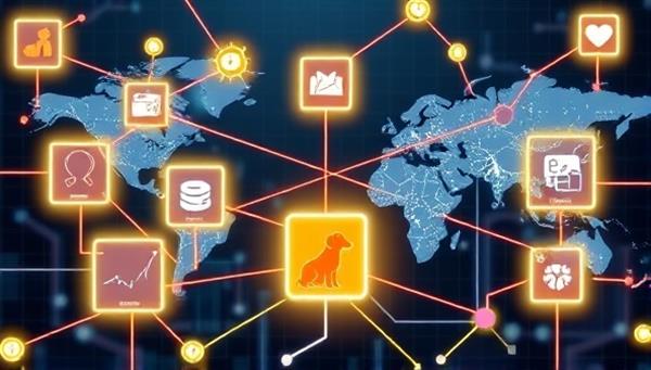 An artistic representation of a blockchain network connecting pet health records in secure blocks, with pet owners, veterinarians, and pet service providers accessing and updating the data through a user-friendly platform interface, symbolizing transparency and efficiency in pet health management.